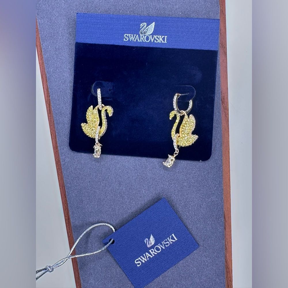 Swarovski Iconic Swan Drop Earrings | Yellow Crystal Gold-Tone | NIB - Picture 2 of 11